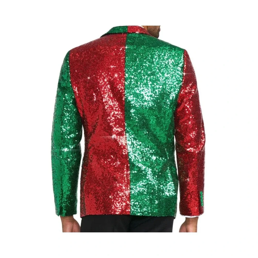 Mens Red Green Sequin Holiday Blazer Christmas Party Sport Coat Two Tone Jacket